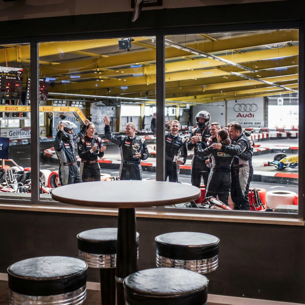 Firmenevent Team feiert bei Kartbahn
